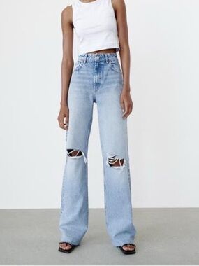 Zara Light Blue Distressed High-Waist Wide-Leg Jeans